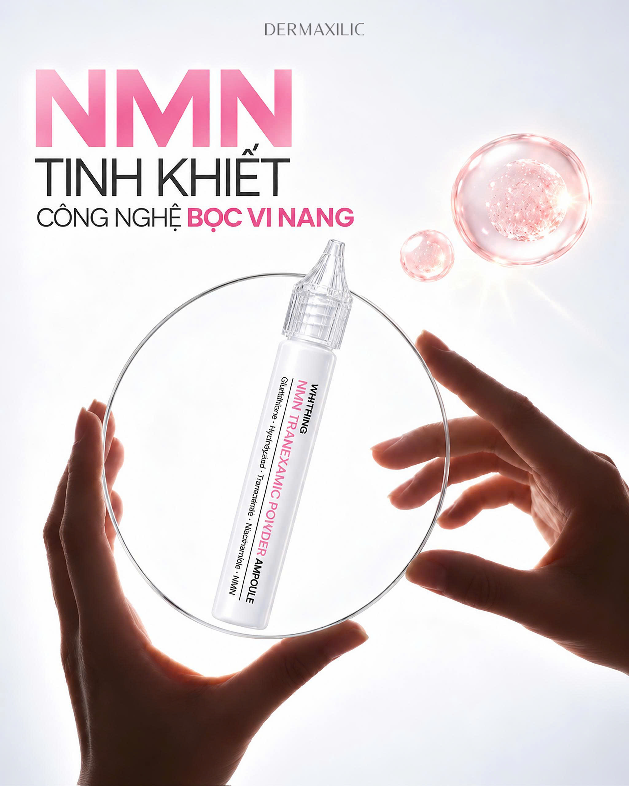 Bột Trắng Da NMN Dermaxilic với công nghệ bọc Vi Nang, khoát chặt các hoạt chất tinh khiết 